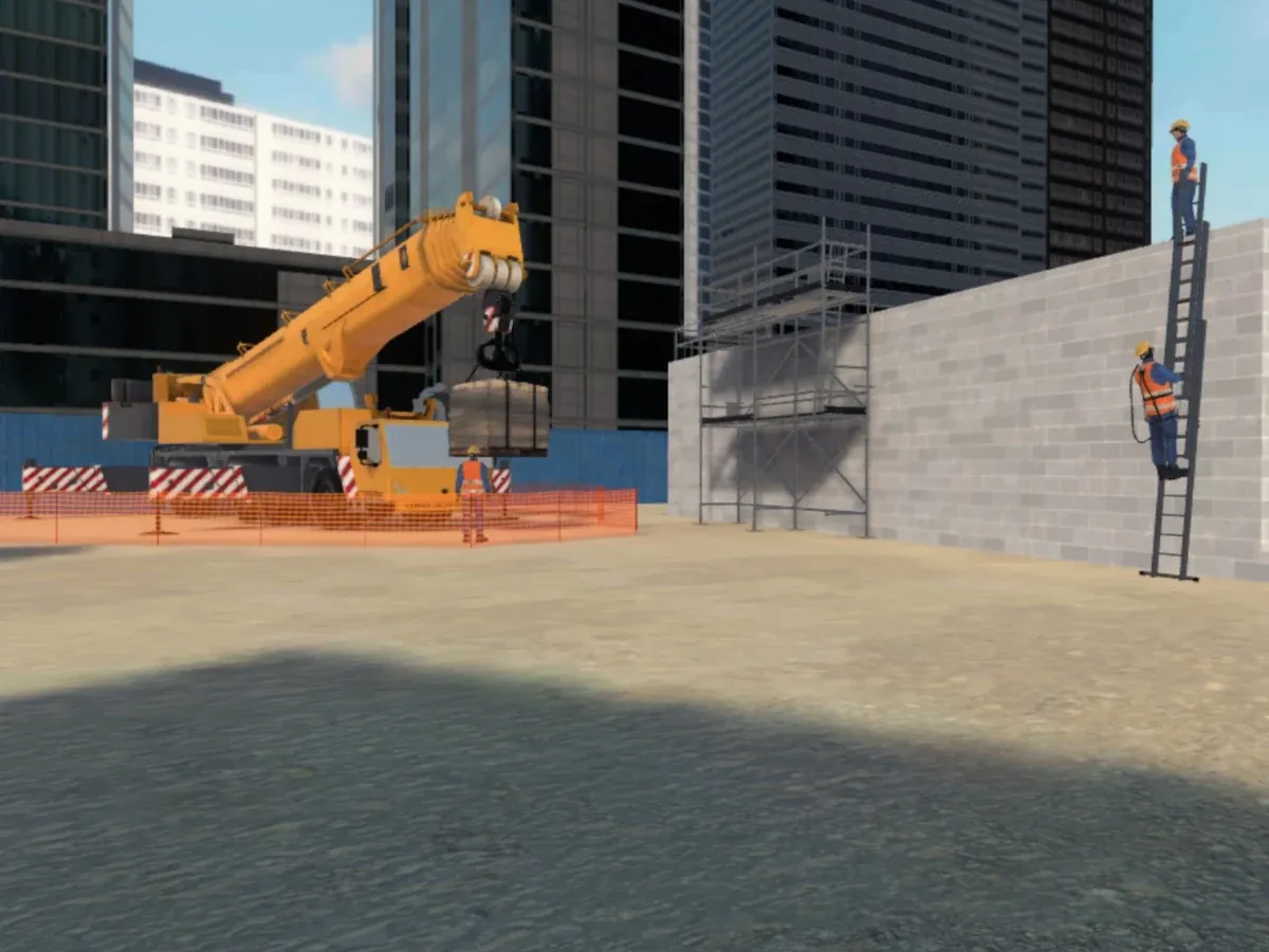 Chantier de construction en réalité virtuelle : grue mobile levant une charge au-dessus d'une zone balisée, intervenants sur une échelle et en haut d'un mur