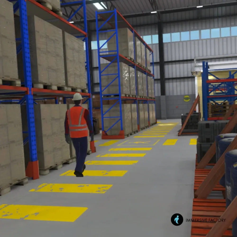 Entrepôt en réalité virtuelle : allée de rayonnages chargés, marquage au sol et opérateur en gilet haute visibilité