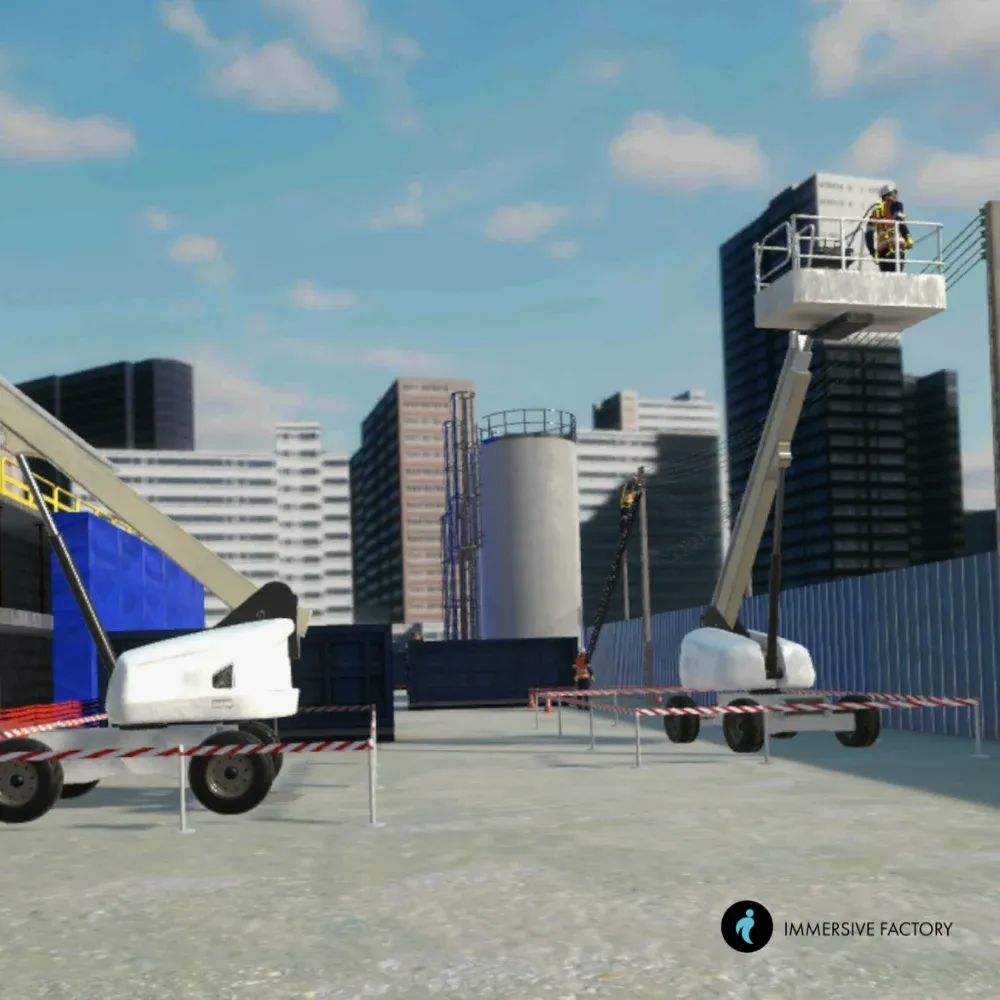 Chantier en réalité virtuelle : nacelles élévatrices et intervenant en hauteur dans un périmètre balisé